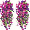 2 Artificial Hanging Flowers – Mixed Color Morning Glory & Eucalyptus for Home & Garden Decor