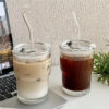 450ml Stripe Glass Cup – Transparent Glass with Lid & Straw for Drinks